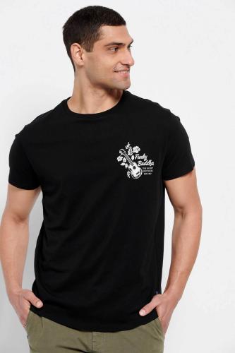 Funky Buddha ανδρικό βαμβακερό T-shirt μονόχρωμο με τύπωμα στο στήθος - FBM007-364-04 Μαύρο M